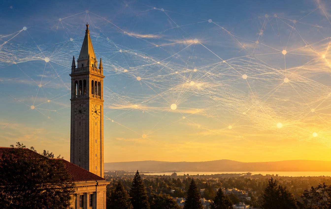 UC Berkeley Campanile at golden hour with abstract agentic AI network overlay